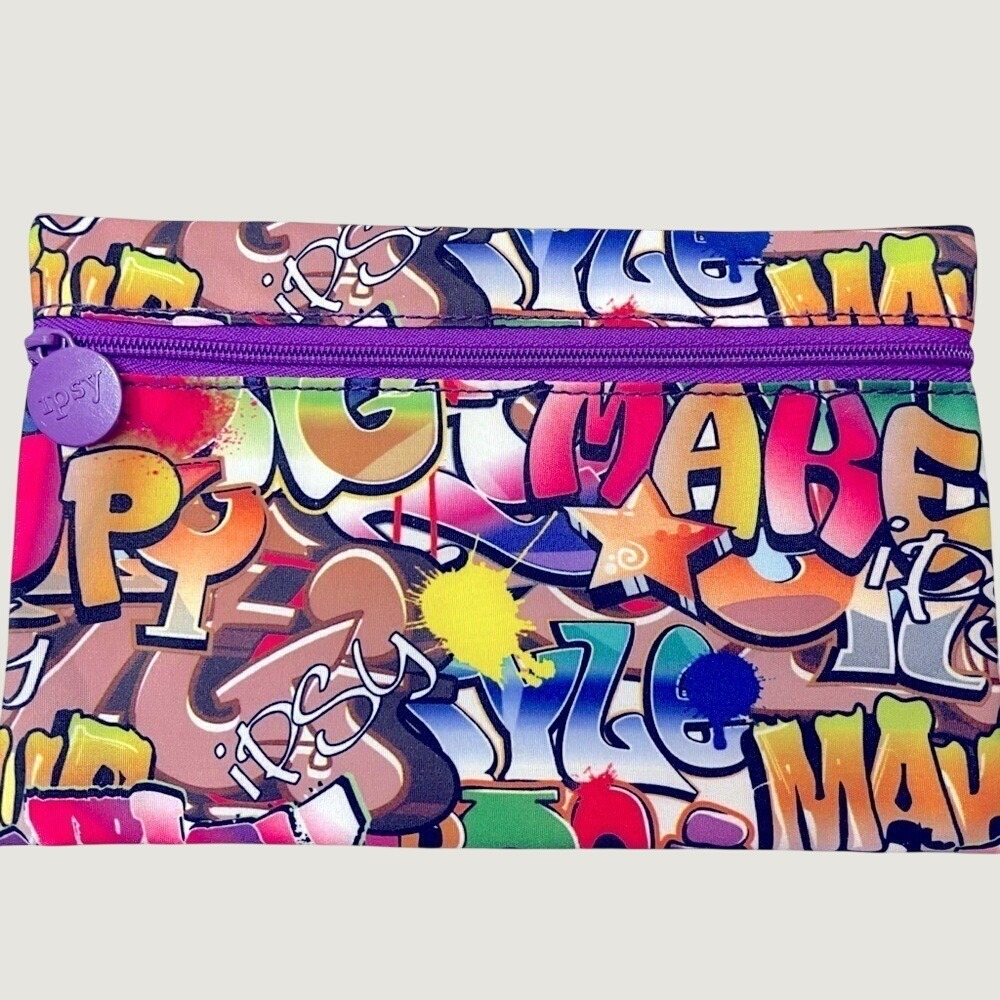 Ipsy Graffiti Print Makeup Bag Zippered Cosmetic Pouch Purple Multi Color New